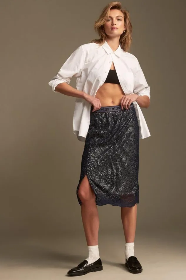Lucky Brand Sequin Lace Midi Skirt Dark Navy Women Skirts