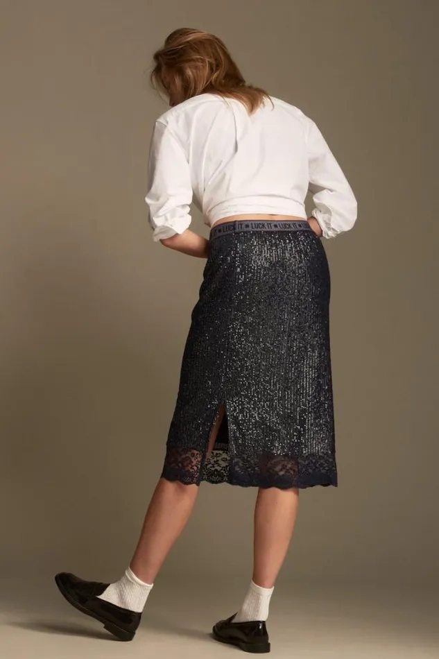 Lucky Brand Sequin Lace Midi Skirt Dark Navy Women Skirts