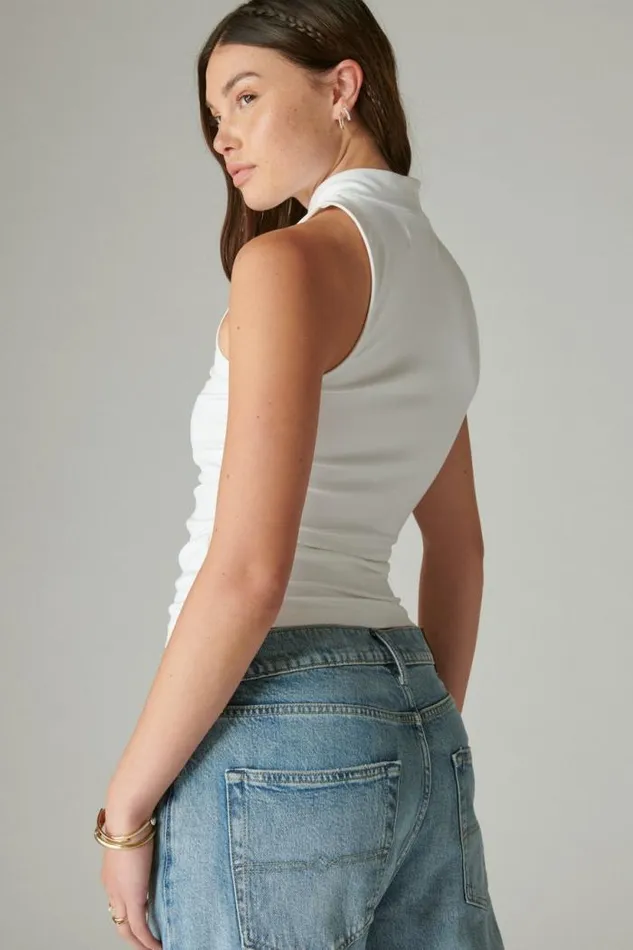 Lucky Brand Sleeveless Mock Neck Top Bleach Women Knit Tops