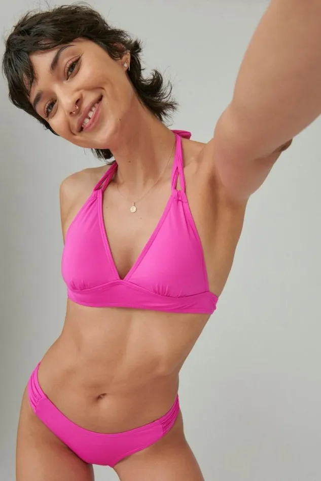 Lucky Brand Solid Triangle Bikini Top Dark Pink Women Swim
