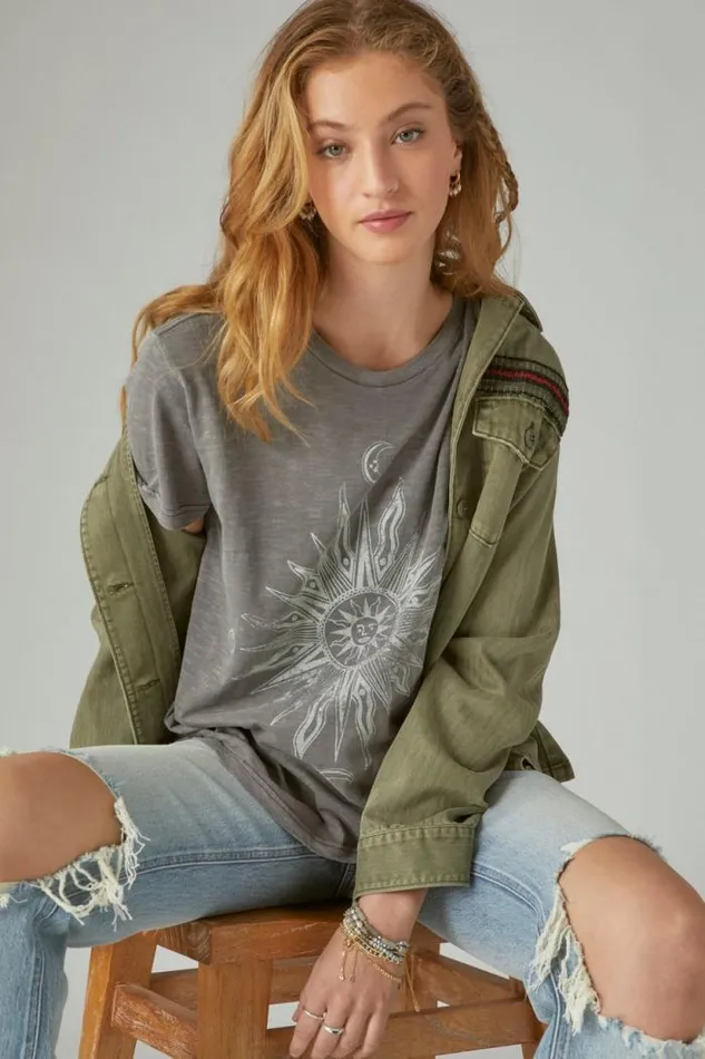 Lucky Brand Spiritual Boyfriend Crew Plum Kitten Women Graphic Tees