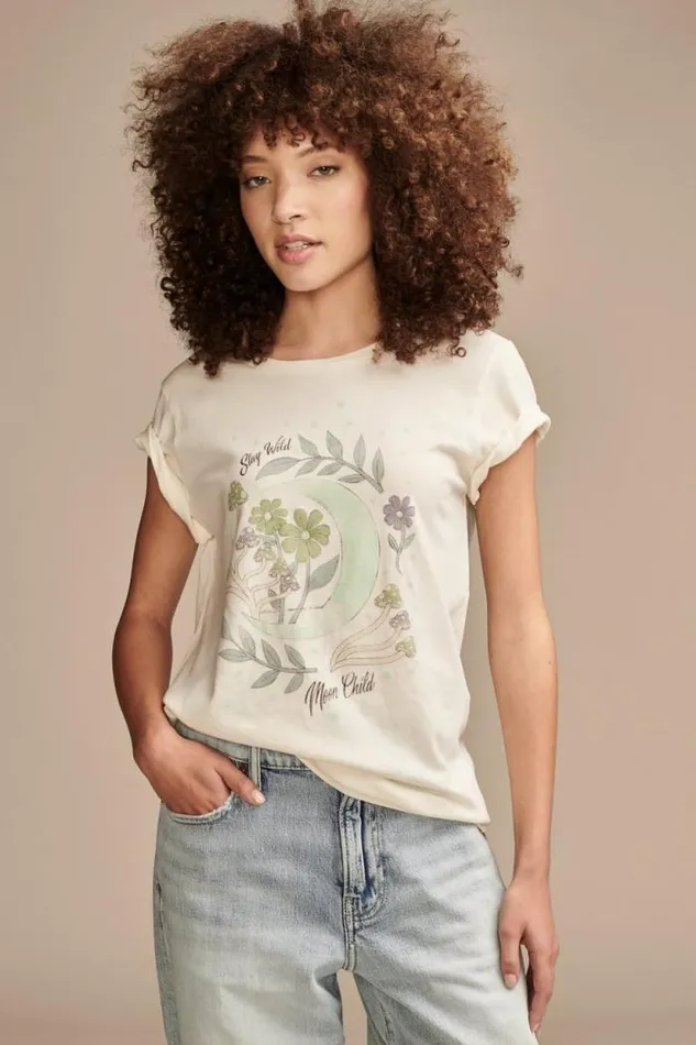 Lucky Brand Stay Wild Moon Child Classic Crew Whisper White Women Graphic Tees