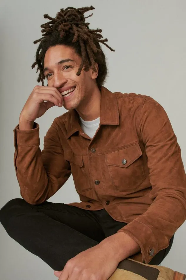 Lucky Brand Suede Trucker Jacket Dark Tan Men Jackets and Outerwear