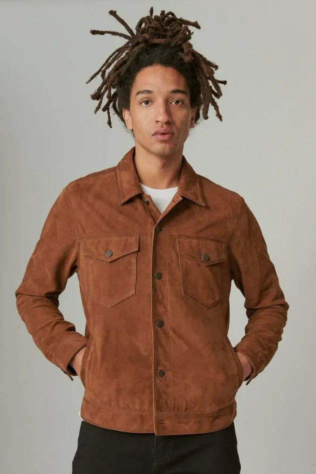 Lucky Brand Suede Trucker Jacket Dark Tan Men Jackets and Outerwear