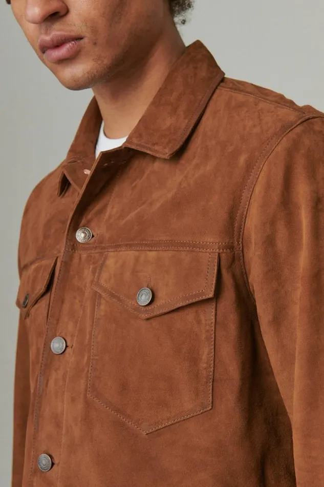 Lucky Brand Suede Trucker Jacket Dark Tan Men Jackets and Outerwear