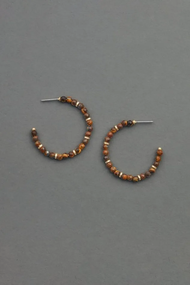 Lucky Brand Tigers Eye Beaded Hoop Earring Gold Women Jewelry