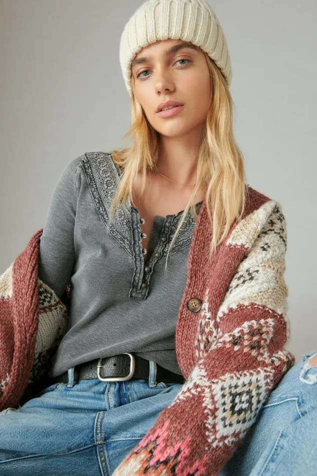 Lucky Brand Trim Mix Henley Asphalt Women All Tops