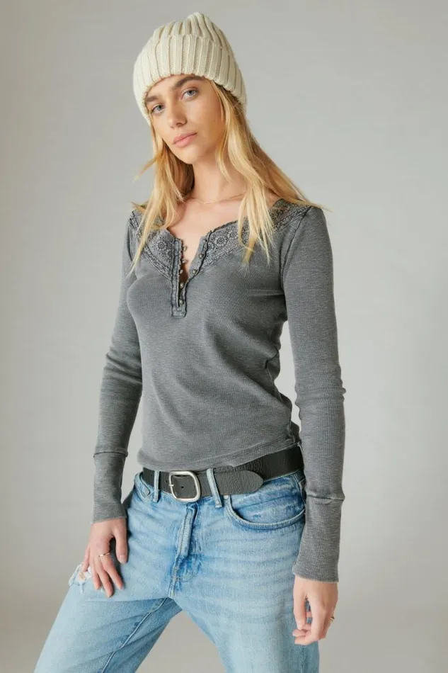 Lucky Brand Trim Mix Henley Asphalt Women All Tops