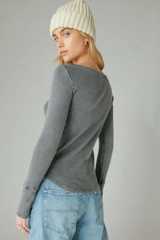 Lucky Brand Trim Mix Henley Asphalt Women All Tops