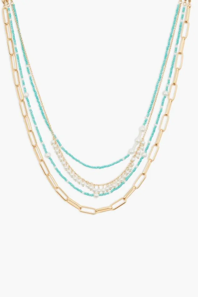 Lucky Brand Turquoise And Pearl Drama Layer Necklace Gold Women Jewelry