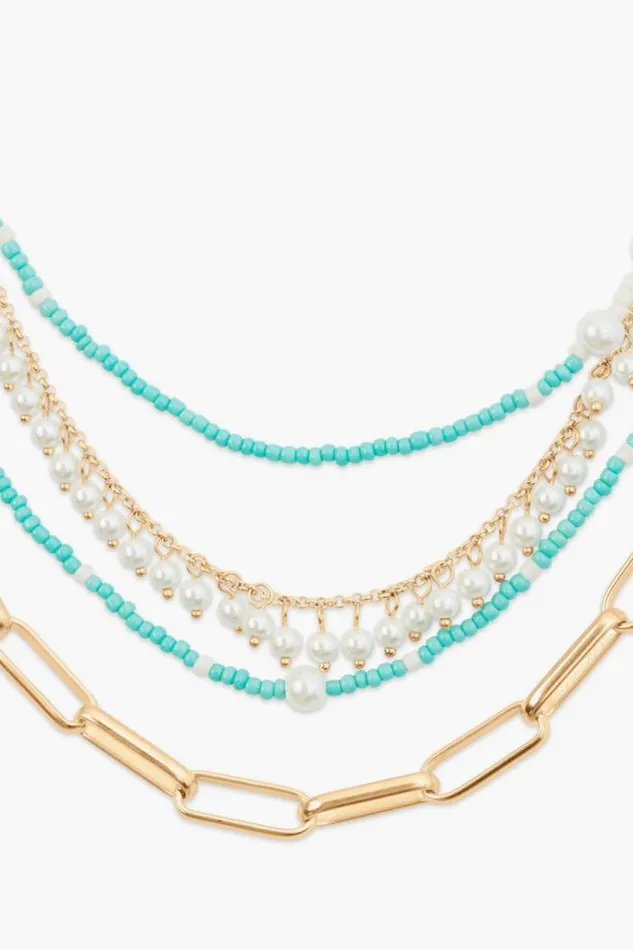 Lucky Brand Turquoise And Pearl Drama Layer Necklace Gold Women Jewelry