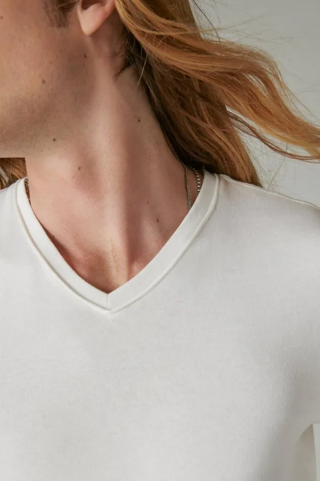 Lucky Brand Venice Burnout Long Sleeve V Neck Marshmallow Men Shirts and Tops