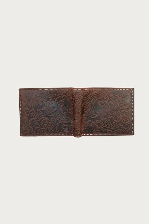 Lucky Brand Western Embossed Leather Bifold Wallet Dark Brown Men Bags and Wallets