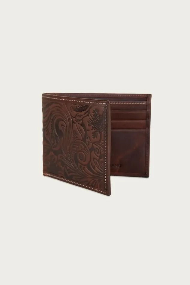 Lucky Brand Western Embossed Leather Bifold Wallet Dark Brown Men Bags and Wallets