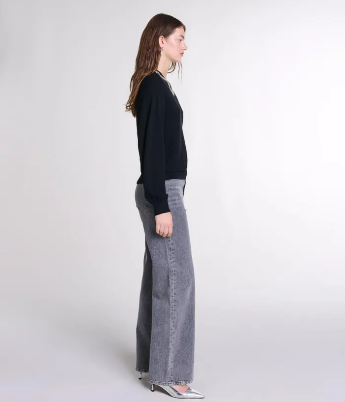 Maje Knit Jumper With Rhinestone Neck Women Sweaters and Cardigans