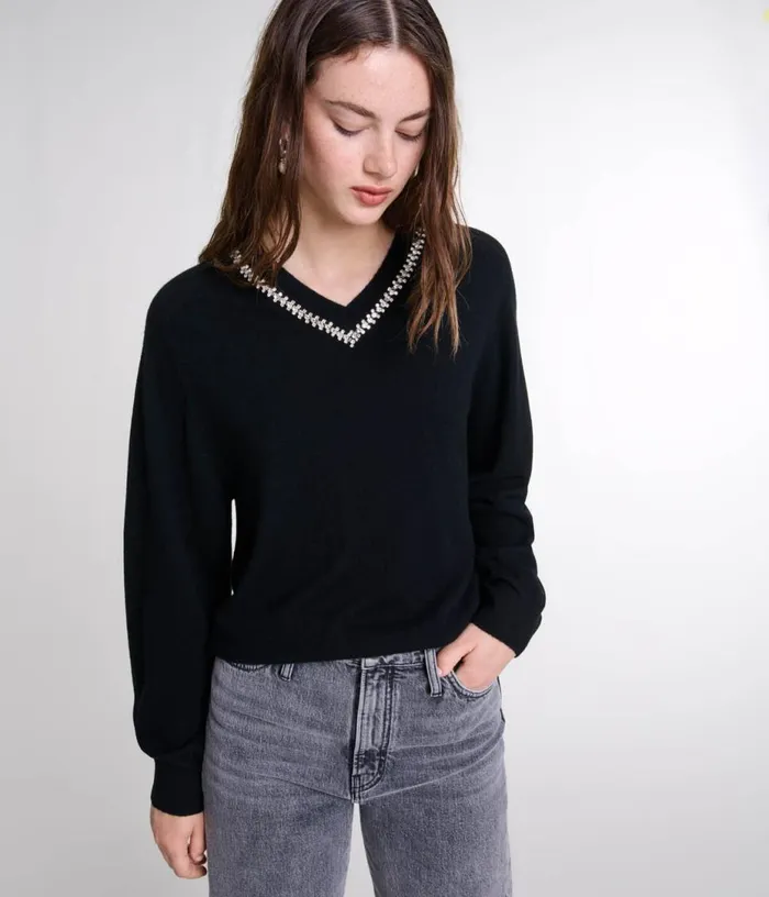Maje Knit Jumper With Rhinestone Neck Women Sweaters and Cardigans