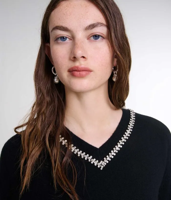 Maje Knit Jumper With Rhinestone Neck Women Sweaters and Cardigans