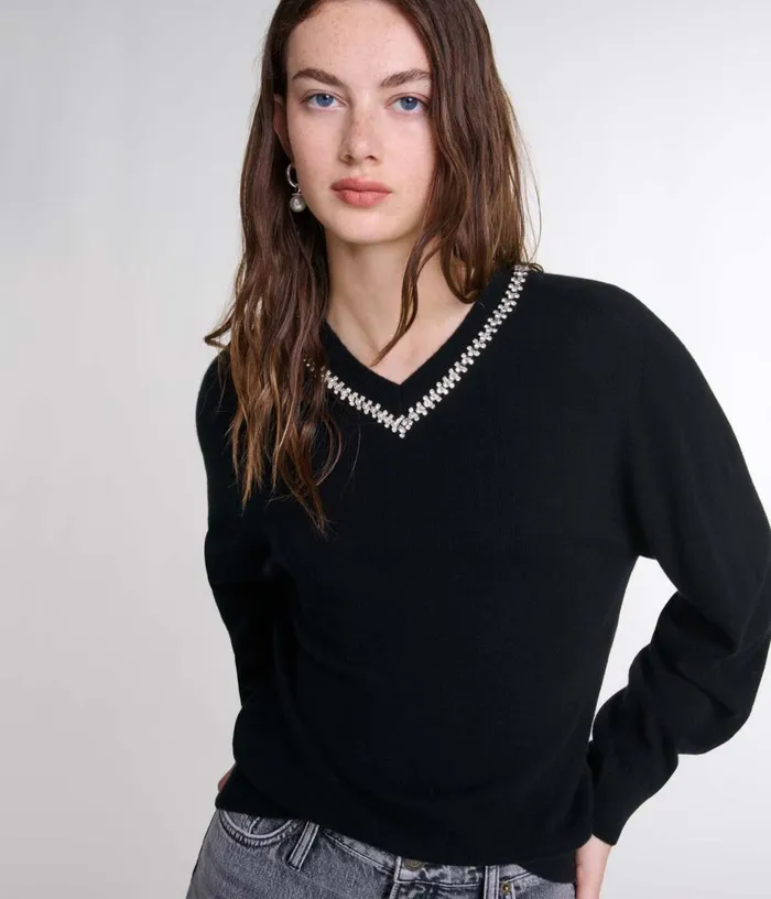 Maje Knit Jumper With Rhinestone Neck Women Sweaters and Cardigans