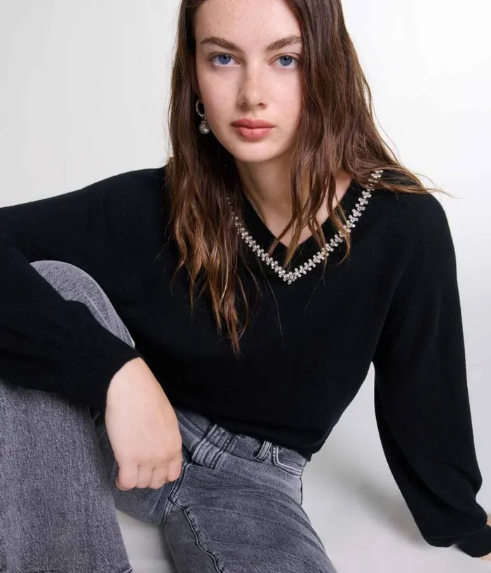 Maje Knit Jumper With Rhinestone Neck Women Sweaters and Cardigans