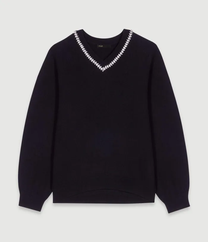 Maje Knit Jumper With Rhinestone Neck Women Sweaters and Cardigans