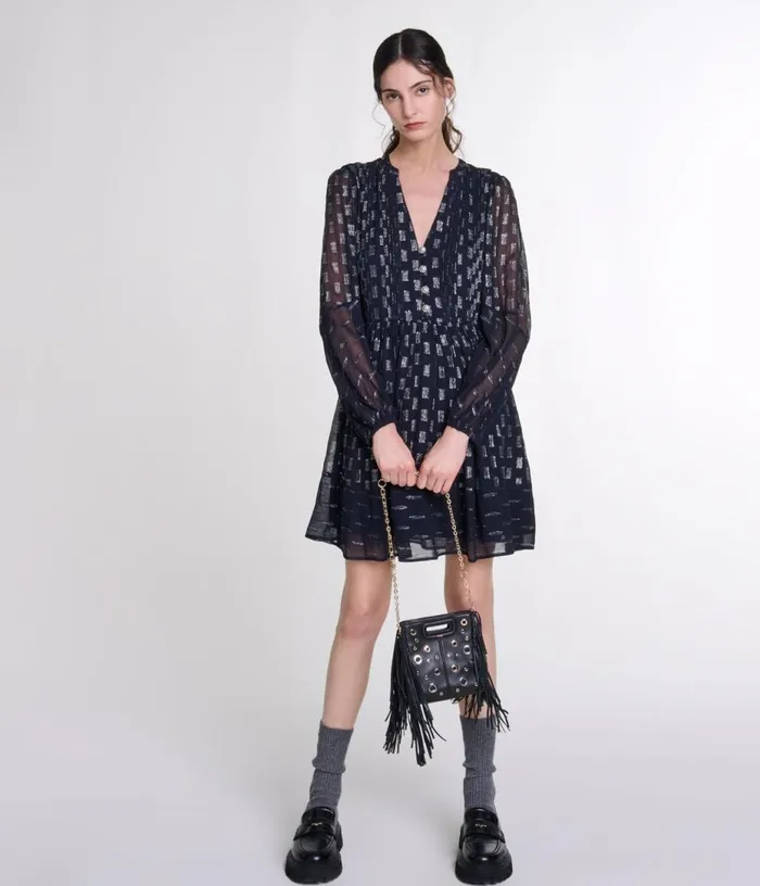 Maje Pleated Floral Motif Short Dress Women Dresses