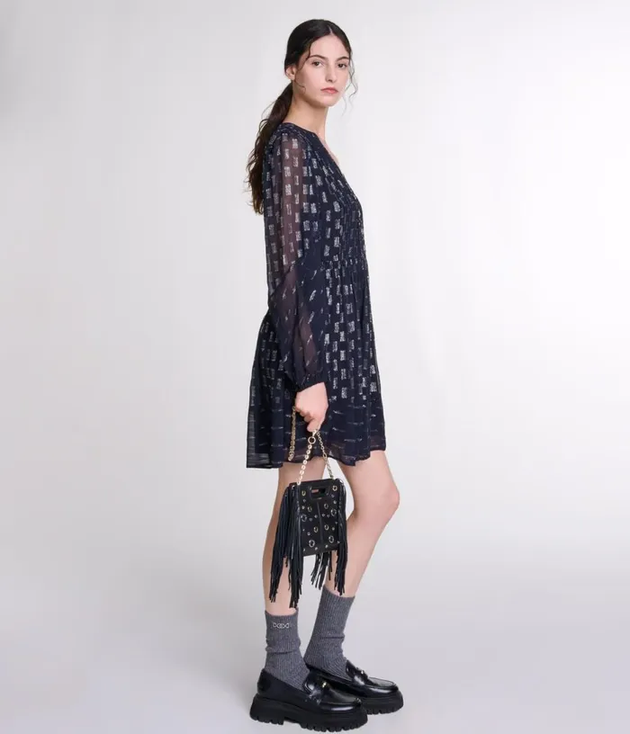 Maje Pleated Floral Motif Short Dress Women Dresses