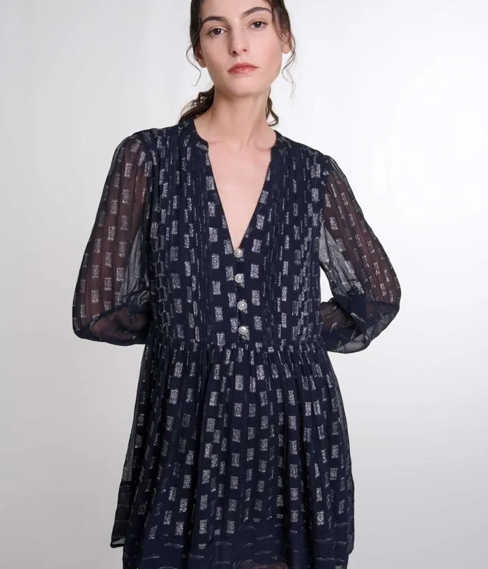 Maje Pleated Floral Motif Short Dress Women Dresses
