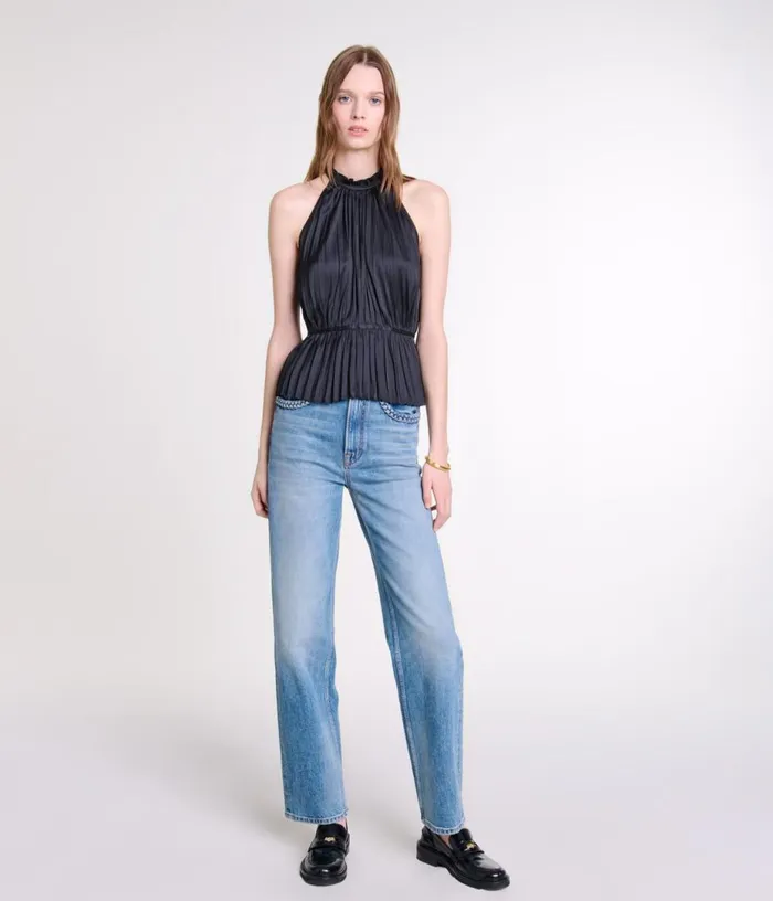 Maje Pleated Satin Top Women Tops and Shirts
