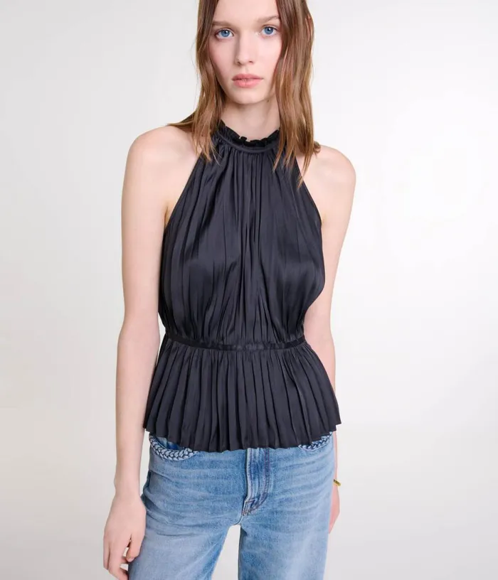 Maje Pleated Satin Top Women Tops and Shirts