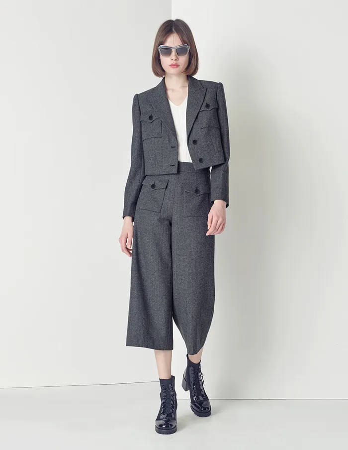 MARYLING Blazers Black And White Herringbone Wool Short Coat Mix 8211 Women