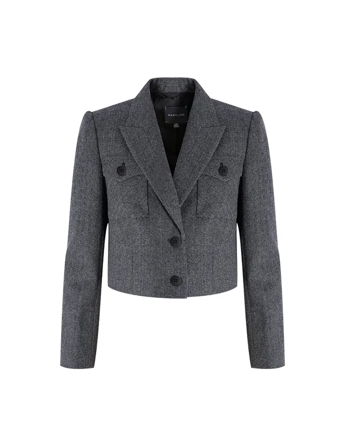 MARYLING Blazers Black And White Herringbone Wool Short Coat Mix 8211 Women MARYLING Blazers Black And White Herringbone Wool Short Coat Mix 8211 Women