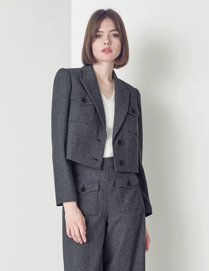 MARYLING Blazers Black And White Herringbone Wool Short Coat Mix 8211 Women MARYLING Blazers Black And White Herringbone Wool Short Coat Mix 8211 Women