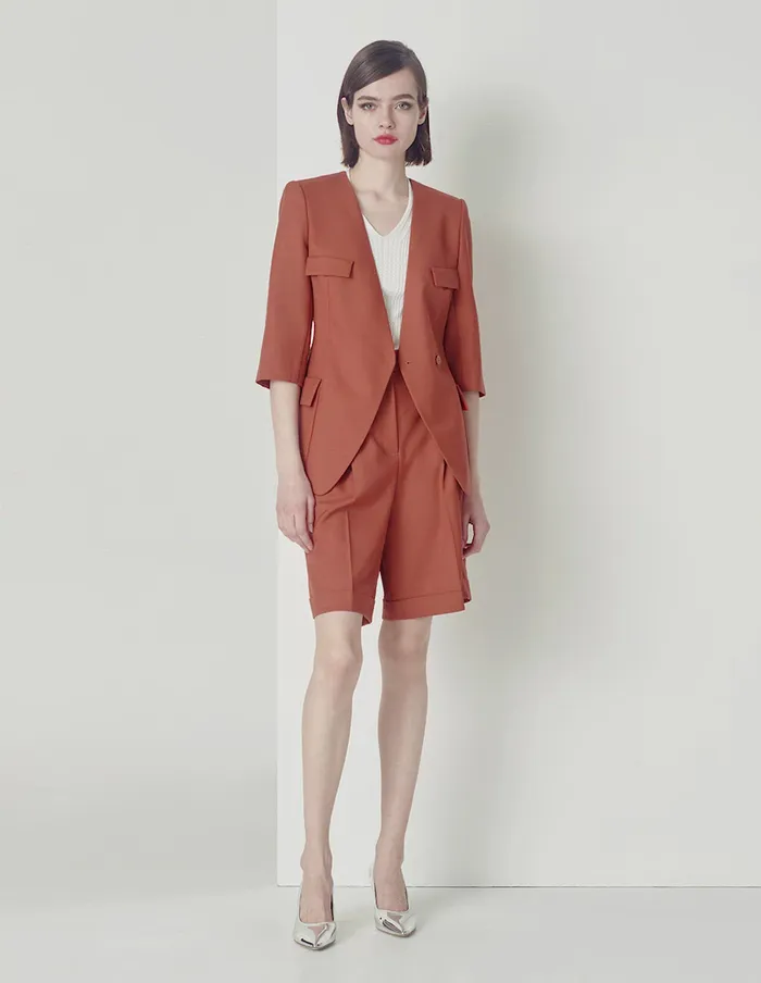 MARYLING Blazers Quarter Sleeves Collarless Blazer Red 8211 Women