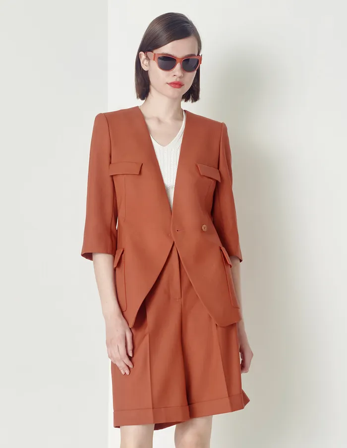 MARYLING Blazers Quarter Sleeves Collarless Blazer Red 8211 Women