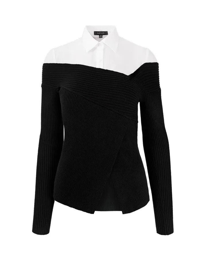 MARYLING Blouse ASYMMETRICAL KNIT PANEL SPLICED COTTONBLEND SHIRT Black 8211 Women