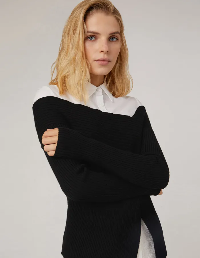 MARYLING Blouse ASYMMETRICAL KNIT PANEL SPLICED COTTONBLEND SHIRT Black 8211 Women