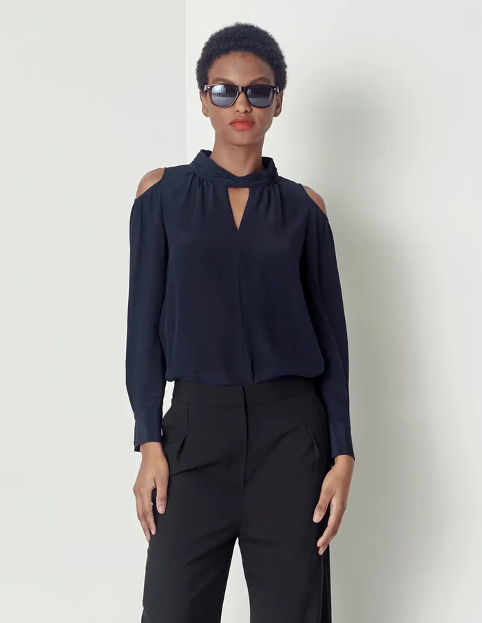 MARYLING Blouse SILK COLD SHOULDER SEMITURTLENECK TOP Blue 8211 Women MARYLING Blouse SILK COLD SHOULDER SEMITURTLENECK TOP Blue 8211 Women
