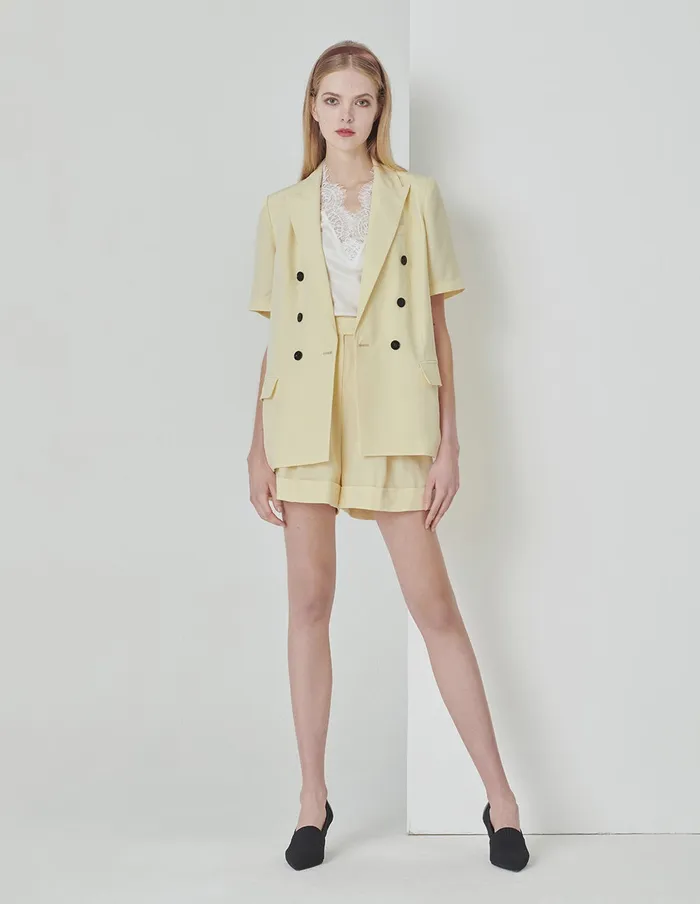 MARYLING Jacket and Coat Contrast Color Doublebreasted Shortsleeve Blazer Yellow 8211 Women MARYLING Jacket and Coat Contrast Color Doublebreasted Shortsleeve Blazer Yellow 8211 Women