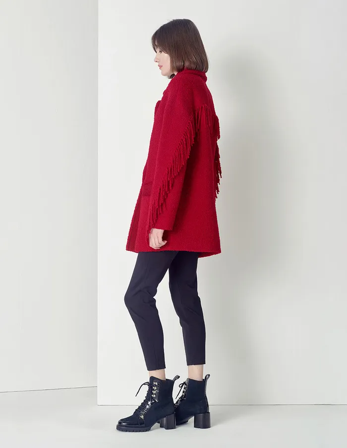 MARYLING Jacket and Coat Crimson Fringed Doublebreasted Loose Coat Red 8211 Women MARYLING Jacket and Coat Crimson Fringed Doublebreasted Loose Coat Red 8211 Women