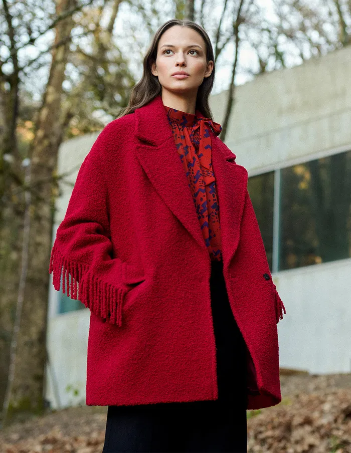 MARYLING Jacket and Coat Crimson Fringed Doublebreasted Loose Coat Red 8211 Women MARYLING Jacket and Coat Crimson Fringed Doublebreasted Loose Coat Red 8211 Women