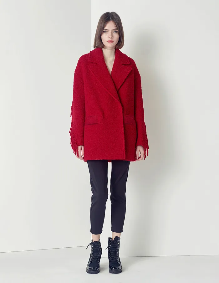MARYLING Jacket and Coat Crimson Fringed Doublebreasted Loose Coat Red 8211 Women MARYLING Jacket and Coat Crimson Fringed Doublebreasted Loose Coat Red 8211 Women