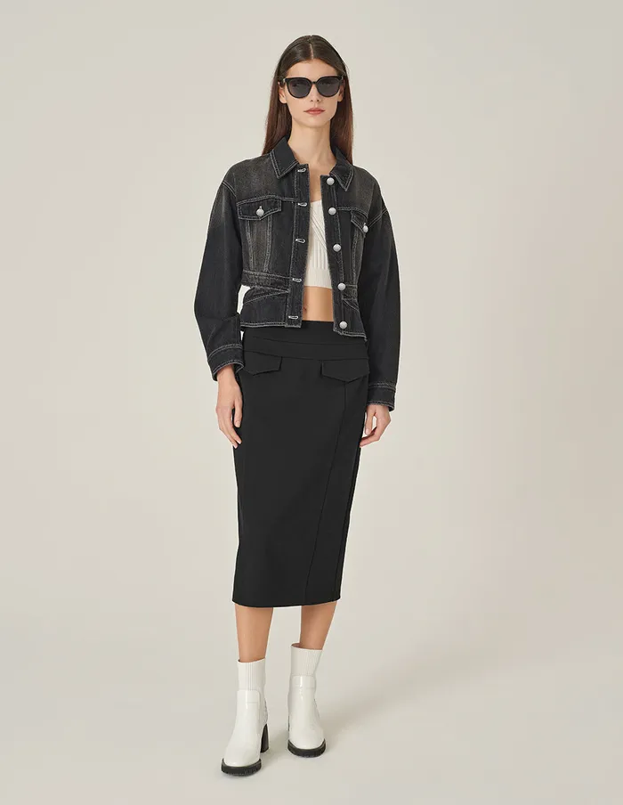 MARYLING Jacket and Coat Cutout Waist Denim Jacket Black 8211 Women