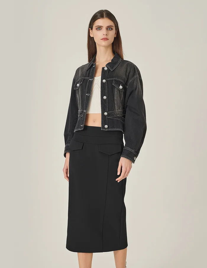 MARYLING Jacket and Coat Cutout Waist Denim Jacket Black 8211 Women MARYLING Jacket and Coat Cutout Waist Denim Jacket Black 8211 Women