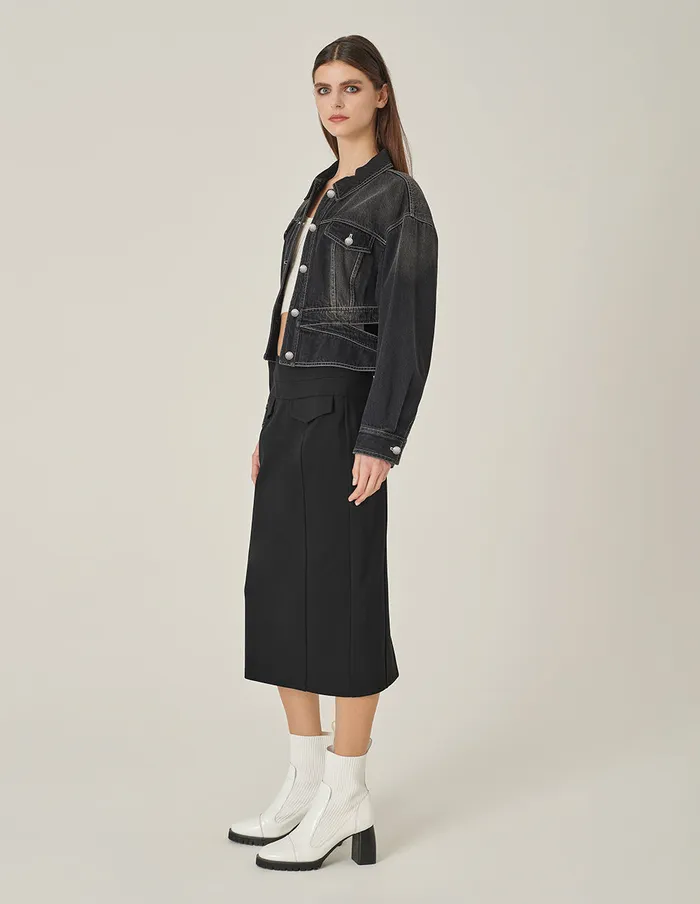 MARYLING Jacket and Coat Cutout Waist Denim Jacket Black 8211 Women MARYLING Jacket and Coat Cutout Waist Denim Jacket Black 8211 Women