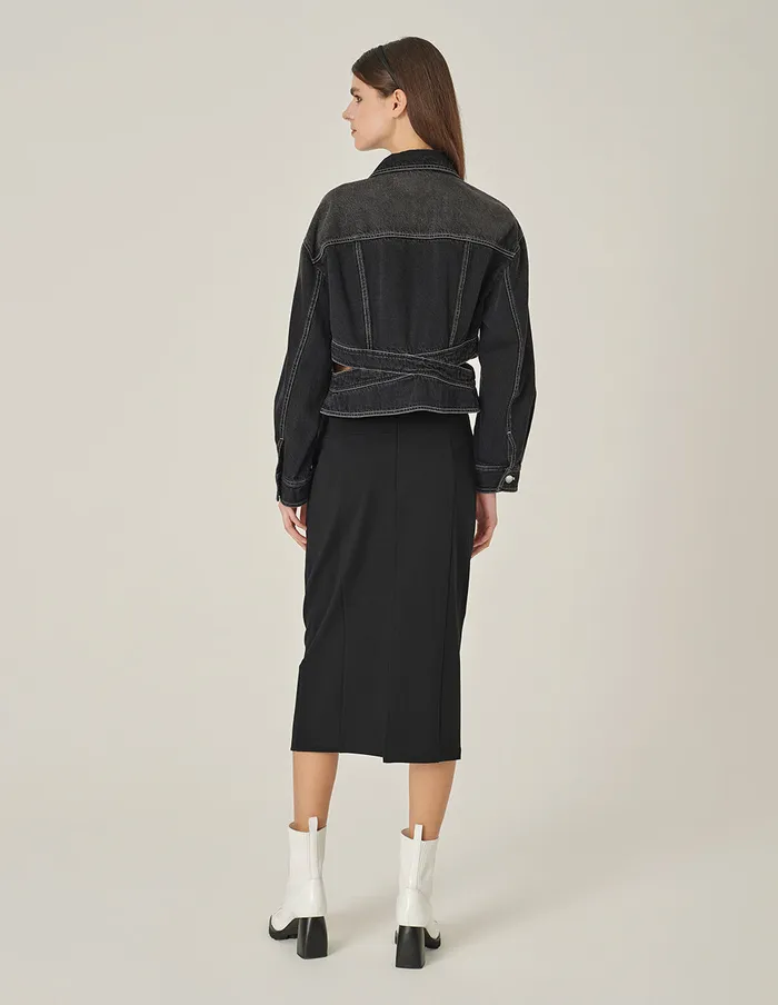 MARYLING Jacket and Coat Cutout Waist Denim Jacket Black 8211 Women MARYLING Jacket and Coat Cutout Waist Denim Jacket Black 8211 Women