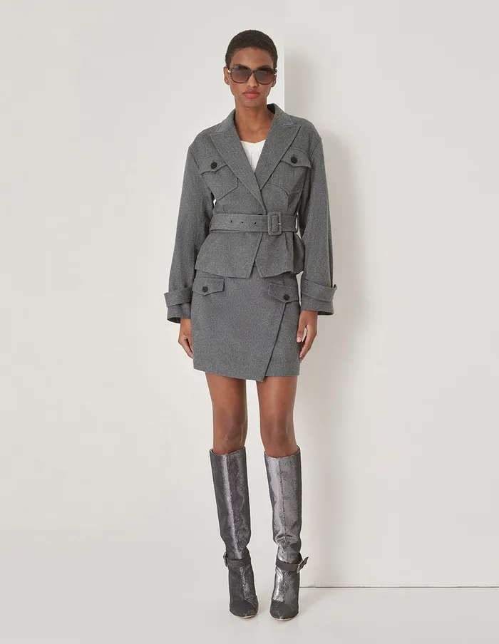 MARYLING Jacket and Coat Gray Lapel Collar Contrast Button Belted Jacket Grey 8211 Women MARYLING Jacket and Coat Gray Lapel Collar Contrast Button Belted Jacket Grey 8211 Women