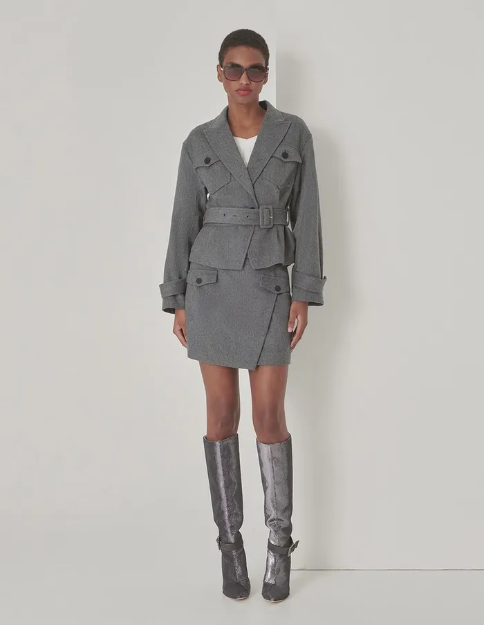 MARYLING Jacket and Coat Gray Lapel Collar Contrast Button Belted Jacket Grey 8211 Women MARYLING Jacket and Coat Gray Lapel Collar Contrast Button Belted Jacket Grey 8211 Women