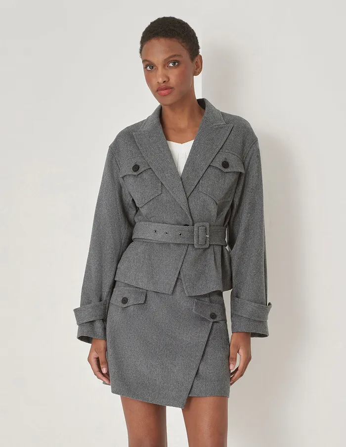 MARYLING Jacket and Coat Gray Lapel Collar Contrast Button Belted Jacket Grey 8211 Women MARYLING Jacket and Coat Gray Lapel Collar Contrast Button Belted Jacket Grey 8211 Women