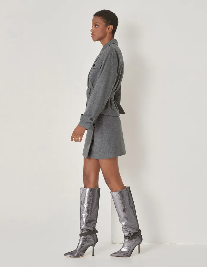MARYLING Jacket and Coat Gray Lapel Collar Contrast Button Belted Jacket Grey 8211 Women MARYLING Jacket and Coat Gray Lapel Collar Contrast Button Belted Jacket Grey 8211 Women