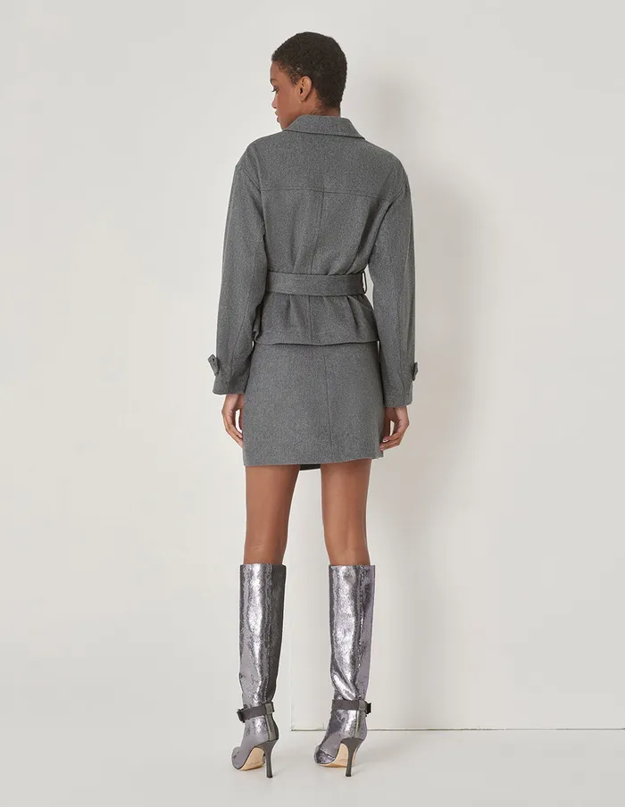 MARYLING Jacket and Coat Gray Lapel Collar Contrast Button Belted Jacket Grey 8211 Women MARYLING Jacket and Coat Gray Lapel Collar Contrast Button Belted Jacket Grey 8211 Women